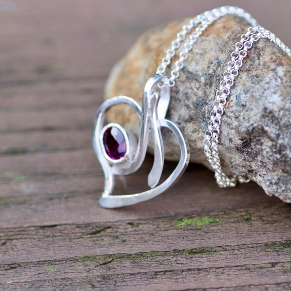 Natural Rhodolite Garnet Heart Pendant Sterling Silver , January Birthstone - Picture 2 of 7